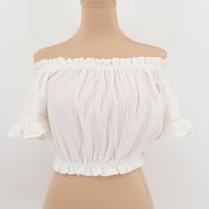 Ocean Drive White Gauzy Crop Top Womens Slub Cotton Clean Girl Ruffle   Size S